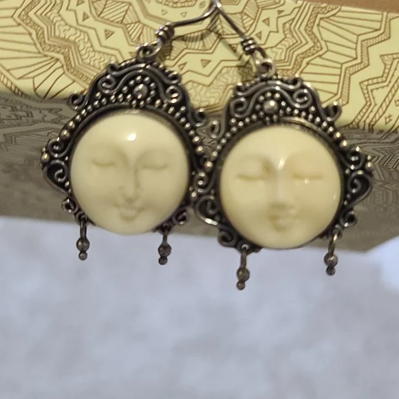 Sterling Silver Moon, Goddess Face Dangle Earrings - Picture 2 of 6